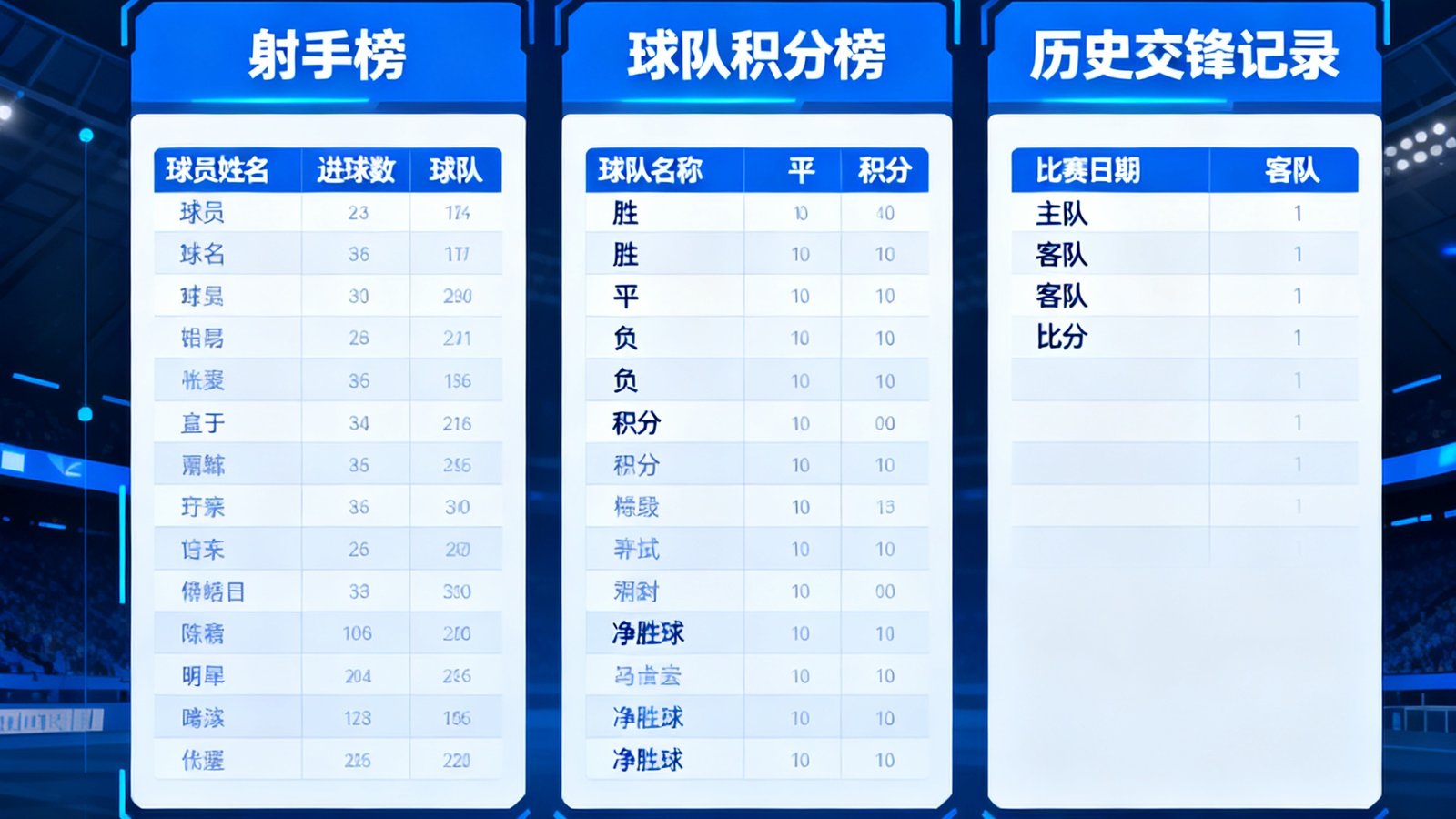 数据统计看板展示射手榜、球队积分榜和历史交锋记录界面