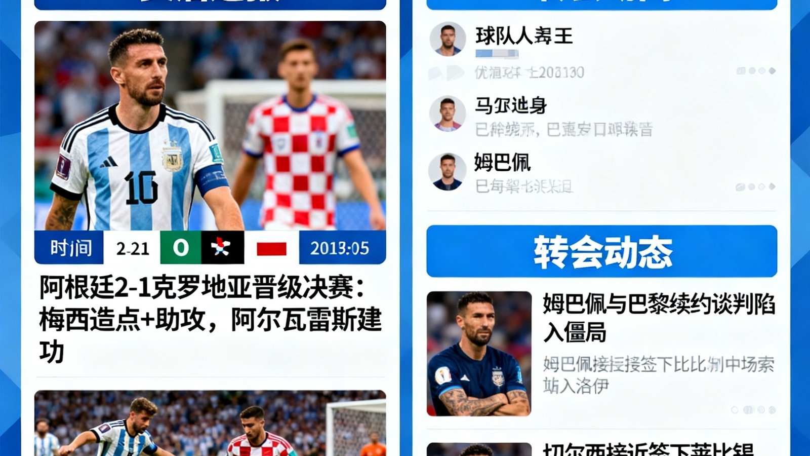 世界杯新闻资讯页面,展示战后图文战报和转会新闻列表